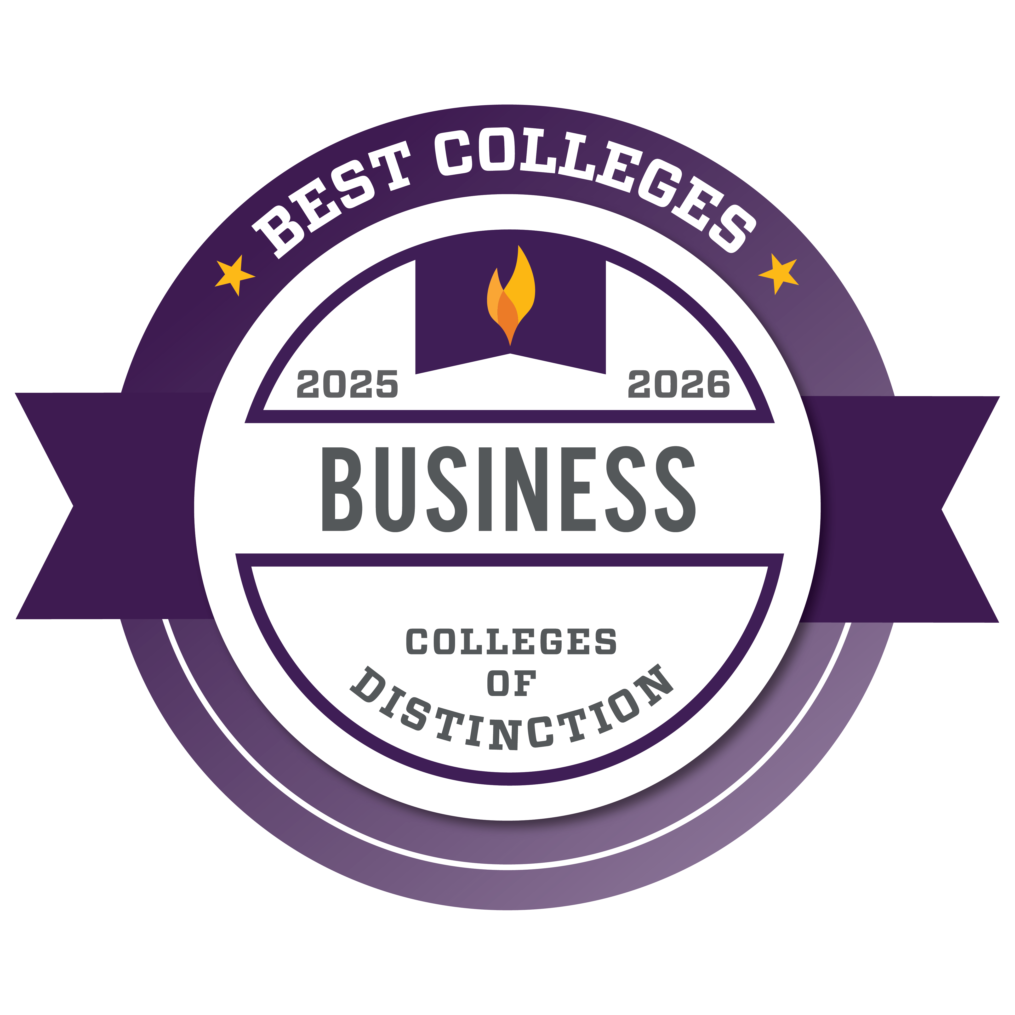 Badge indicating the recognition as one of the Best Colleges of Distinction for Business for the years 2025-2026.